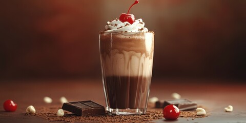 Wall Mural - Creamy chocolate milkshake topped with whipped cream and cherry served with chocolate chunks