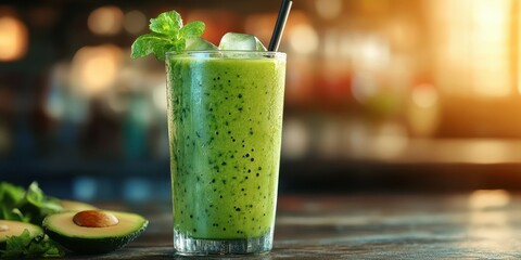 Wall Mural - Refreshing green smoothie made with avocado and mint served in a glass on a wooden table in a vibrant cafe