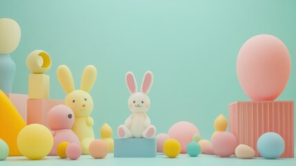Aufkleber - Colorful spring themed decorations with pastel bunnies and Easter eggs in a playful arrangement on a mint green background. Generative AI