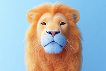 Wall Mural - A realistic, animated lion with a vibrant orange mane and a gentle expression, set against a soft blue background.