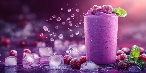 Refreshing berry smoothie with ice cubes and mint leaves on a colorful background