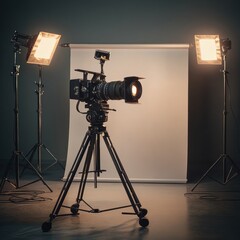 Leinwandbilder - Professional camera setup with lights and backdrop for studio photography in a dimly lit environment. Generative AI