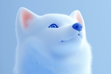 Wall Mural - A close-up of a stylized white fox with a soft, fluffy coat, looking upwards against a light blue background. The fox has large, expressive eyes and a gentle expression.