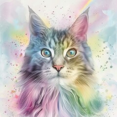  A unicorn-cat hybrid with rainbow fur, starry eyes, childlike soft pastel doodles, playful whimsical background, 