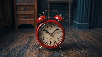 Poster - Red alarm clock on wooden floor, vintage room