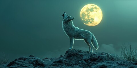  A majestic gray wolf stands on a rugged hillside, gazing toward the horizon with a slight tilt of its head under the silvery glow of the moon