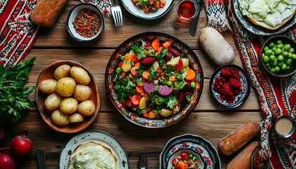 Wall Mural - Beet salad. beetroot salad (vinegrette) with beetroot, potato, carrot, peas, cabbage and parsley over rustic wooden table