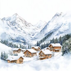 Poster - Winter village nestled in snowy mountains featuring wooden chalets and pine trees. Generative AI