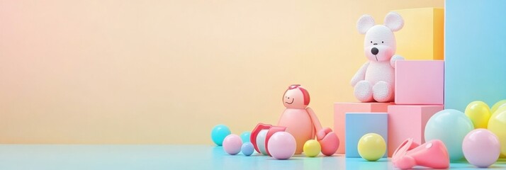 Aufkleber - Soft pastel toys displayed on colored blocks with playful balls for childrens decor and creative inspiration. Generative AI