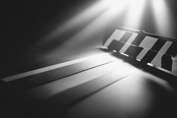 Aufkleber - Film clapperboard resting on a dark surface with dramatic lighting capturing cinematic essence during a quiet moment. Generative AI