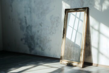 Wall Mural - Sunlight shining in on an antique mirrorl eaning against a wall