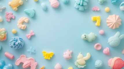 Leinwandbilder - Colorful assortment of pastel candy shapes arranged on blue background for festive celebration. Generative AI