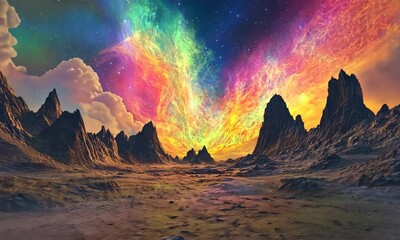 Wall Mural - a breathtaking cosmic explosion illuminates an alien landscape with jagged mountains and a cratered 