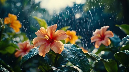 Canvas Print - Hibiscus flowers in rain, garden, nature, peaceful, spring