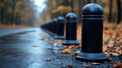 Wall Mural - A black pole with a round top sits in the middle of a road