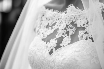 Poster - Intricate lace details adorn a stunning white wedding dress with a blank area for customization and personalization. Generative AI
