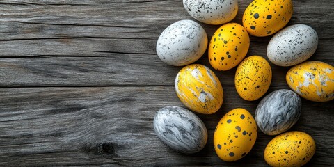 Wall Mural - Decorative eggs arranged on a rustic wooden surface for spring celebration and festive activities