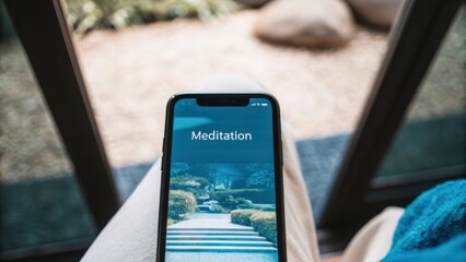 a closeup of a meditation app open on a smartphone juxtaposed against calming surroundings illustrat