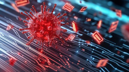 A destructive red digital virus spreading through a complex cyber network, glowing error codes and fragmented data flying apart, symbolizing malware