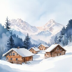 Aufkleber - Snow covered mountain village surrounded by pine trees and high peaks during winter season in a serene landscape. Generative AI