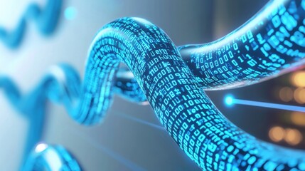 Floating streams of glowing blue binary code, forming a protective digital barrier, symbolizing cybersecurity and data encryption