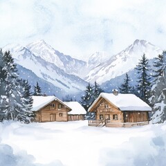 Leinwandbilder - Winter landscape featuring wooden cabins surrounded by snow capped mountains and evergreen trees in a serene setting. Generative AI