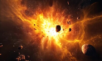 Wall Mural - a massive explosion with a fiery blast in the sky, sending debris and intense energy outward. concep