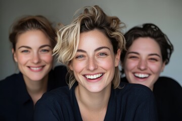 Wall Mural - Three women are captured smiling together, illuminated by soft light, representing joy, friendship, and the power of shared experiences in a candid and friendly portrait.