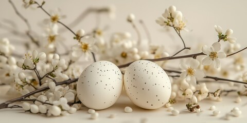 Wall Mural - Decorative white speckled eggs surrounded by delicate white blossoms on a neutral background for spring celebrations