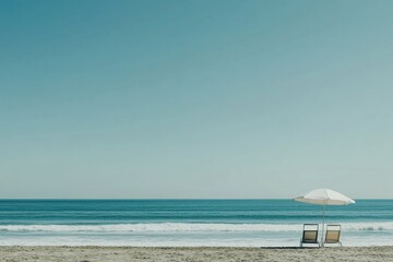 Fototapete - Relaxing beach chairs under a sunny sky with calm waves gently lapping at the shore. Generative AI