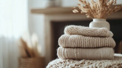 Aufkleber - Cozy knit sweaters arranged neatly beside a vase of dried flowers in a warm living room setting. Generative AI