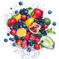 Canvas Print - Assorted fresh fruits and berries splash with water droplets on a clean white backdrop.