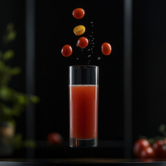 Sticker - Tomato juice in a glass with small tomatoes falling into it against a dark background.