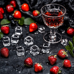 Red liquid in a glass, surrounded by fresh strawberries and scattered ice cubes on a dark surface.