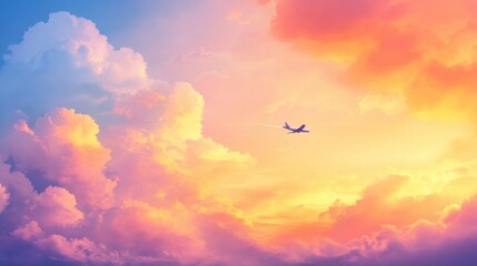 Wall Mural - Colorful sunset sky with fluffy clouds and a plane flying across the horizon during evening hours. Generative AI