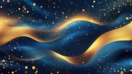 Wall Mural - Abstract blue and gold wave with glittering particles.