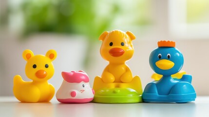 Poster - Colorful plastic animal toys arranged on a table in a bright, well lit room during the day. Generative AI