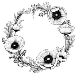 Wall Mural - PNG Circle frame with anemone drawing sketch pattern.