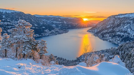 Canvas Print - Snowy mountain lake sunset panorama; winter landscape