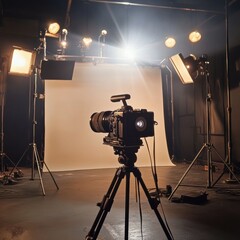 Leinwandbilder - Professional camera setup in a studio with bright lights and a white backdrop during a daylight shooting session. Generative AI