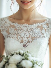 Poster - Close up capture of exquisite lace details on a white wedding dress highlighting beauty and elegance. Generative AI