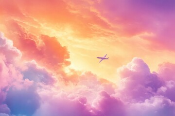 Poster - Airplane flying through colorful clouds at sunset over a serene sky. Generative AI