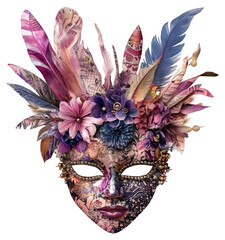 Wall Mural - PNG Flower Collage Mardi Gras mask illustration feathers flowers.