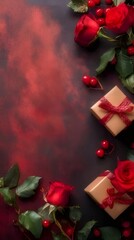 Wall Mural - Red roses, gifts, berries on dark red background.