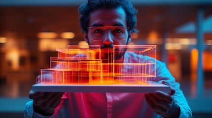 Man presenting a glowing architectural model in a modern workspace with a blurred background