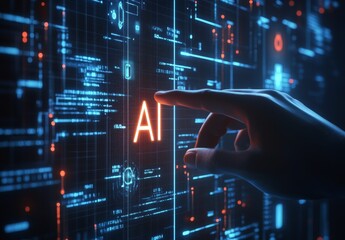 Hand touching artificial intelligence icon on futuristic digital screen