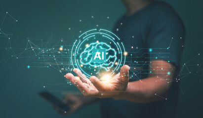 Poster - Artificial intelligence or Ai concept, Human hand holding ai brain for generate something, Innovation of futuristic technology for automation robot machine. Machine learning technology development.