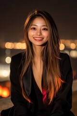 Wall Mural - Smiling asian young adult female at night with city lights in background