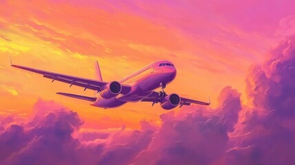 Poster - Airplane flying through vibrant sunset clouds above the horizon with shades of pink and purple in the sky. Generative AI