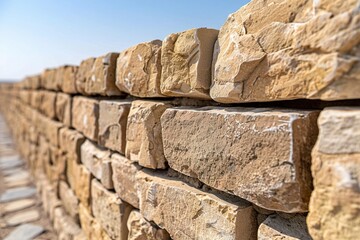 Wall Mural - Close-up of a rustic stone wall crafted from large, textured blocks under a clear blue sky.